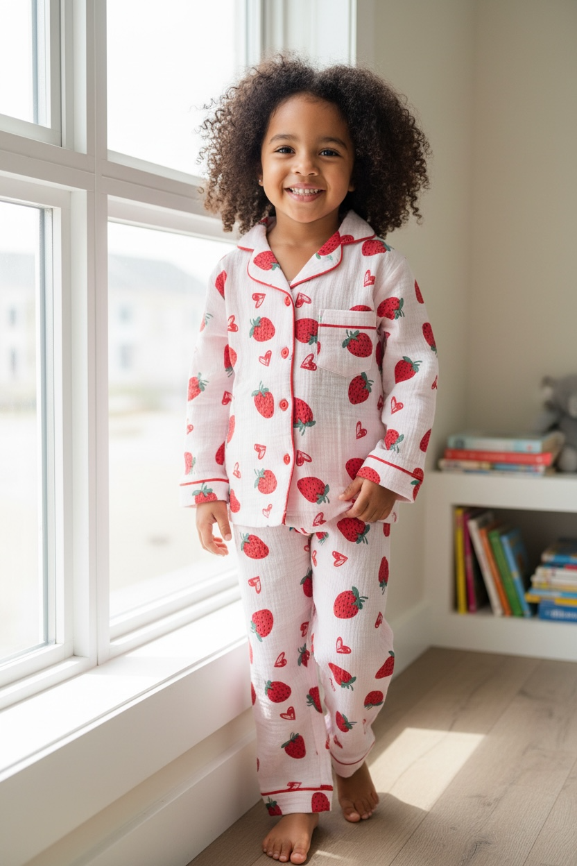 Pink Strawberry Breathable Muslin PJ Set