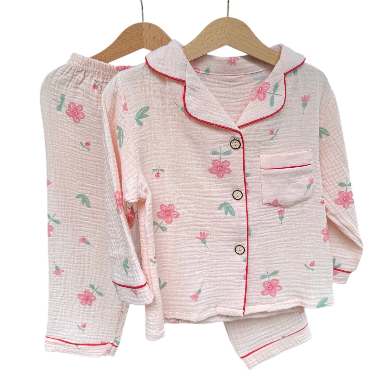 Pink Flower Breathable Muslin PJ Set